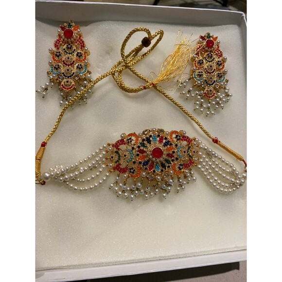 Nauratan Choker Jewelry Set Semi Precious stone Indian Pakistani Bridalwear NWT - Picture 11 of 12